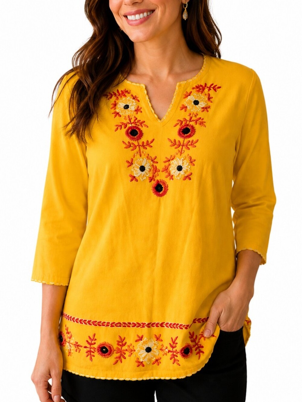 STORYBOOK KNITS Canary Yellow Floral Embroidered Split Neck Sweater